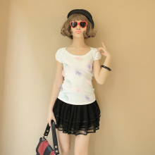 CICI-SHOP  新款夏装 日系糖果色网纱立体蝴蝶结泡泡短袖T恤2157