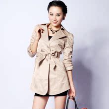 明妮 2012春装 开领单排扣OL通勤修身长款风衣外套女F1105