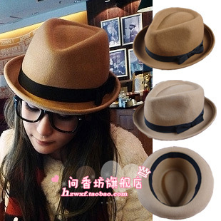  原单韩版呛口小辣椒卷边纯羊毛呢秋冬新款英伦爵士礼帽子驼色 女