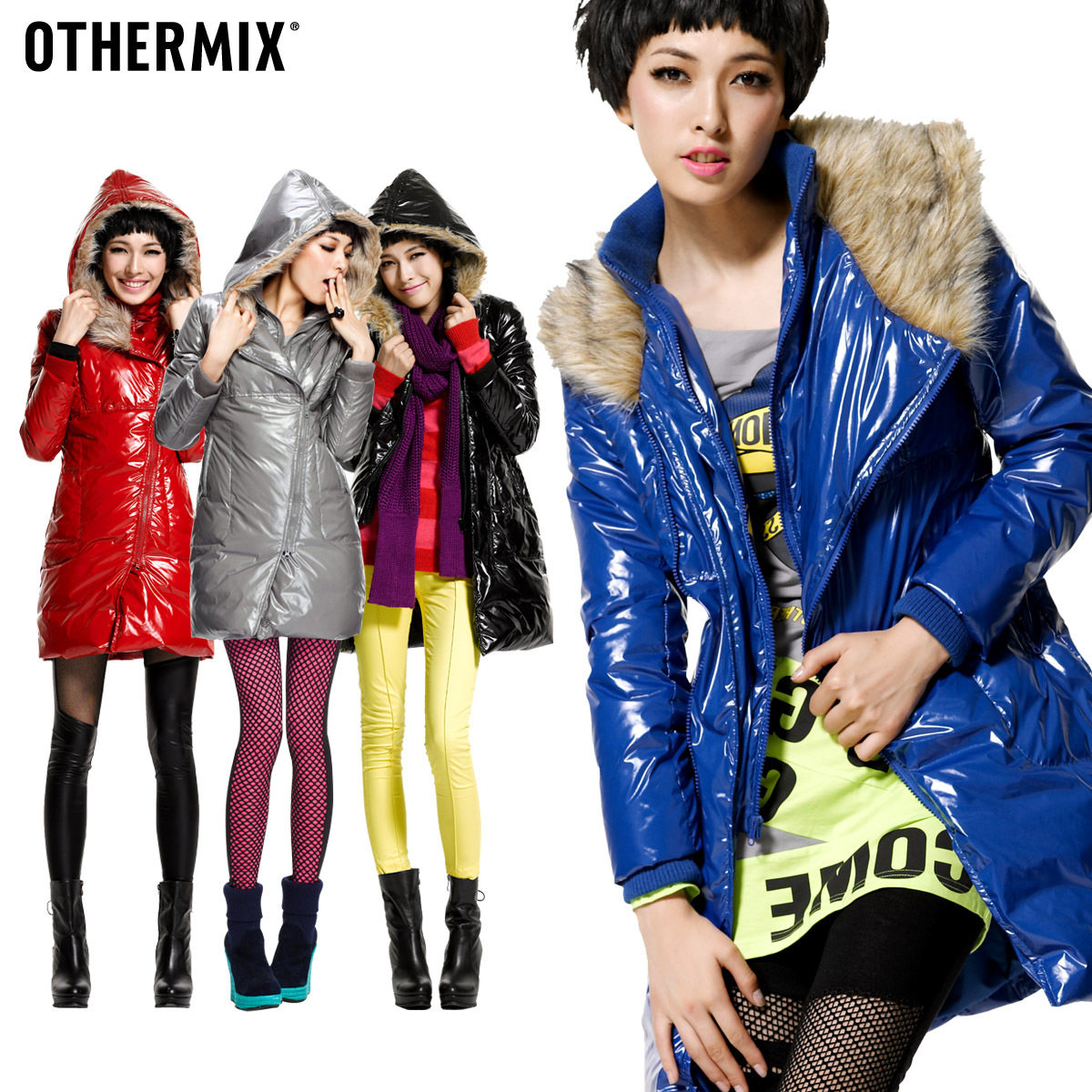 OTHERMIX 毛领连帽亮面 两穿羽绒