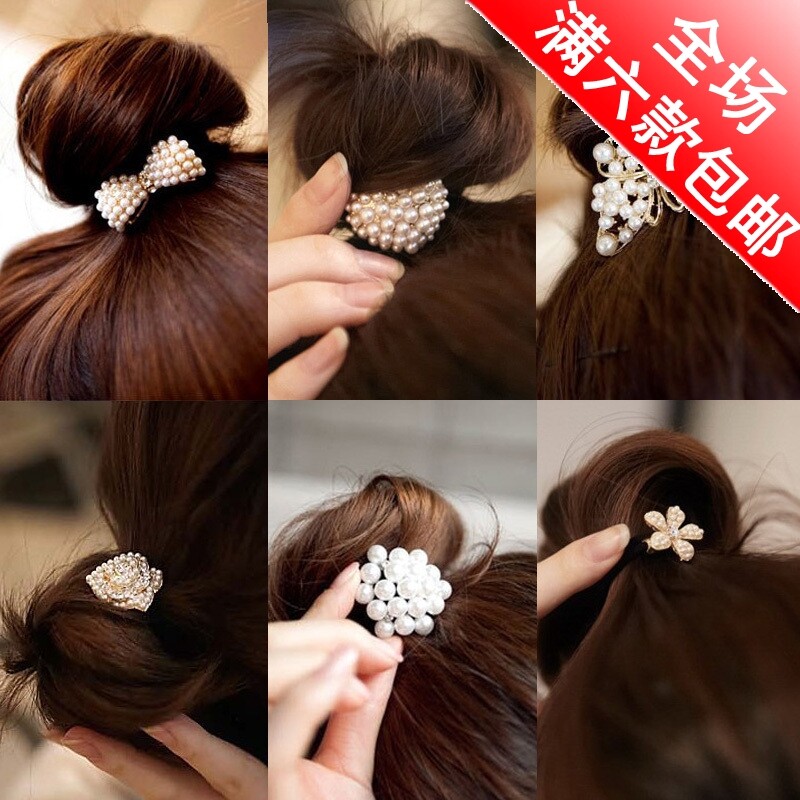 B261日韩女款饰品 丸子头发饰头饰 珍珠蝴蝶结发圈  发箍