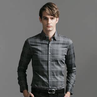  GXG 正品 秋装男士时尚休闲格子修身潮流长袖衬衫#11103114