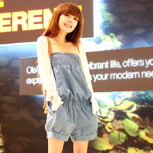 2012春夏装款韩版新款裹胸高腰牛仔连身裤连体裤短裤子女