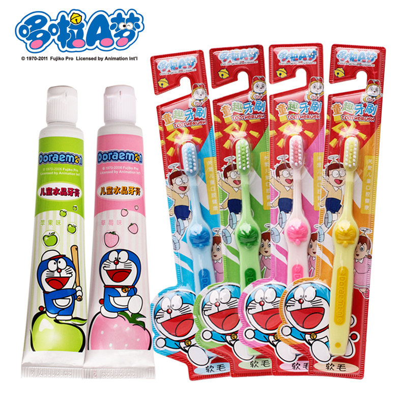 哆啦A梦叮当猫果味牙膏软毛牙刷6件套装2岁以上儿童适用无氟吞咽