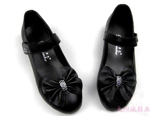  包邮秒杀水钻蝴蝶结牛皮女童皮鞋学生鞋真皮儿童皮鞋单鞋26-40 黑