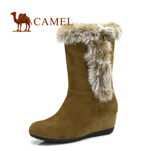  Camel 骆驼正品女鞋 简约兔毛边中筒靴 冬季休闲雪地靴 81013603
