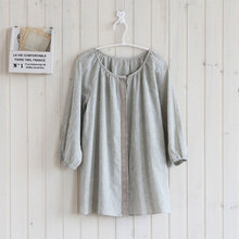 日单日本原单花边圆领MUJI sc风<span class=H>竖</span><span class=H>条纹</span>棉麻娃娃衫罩衫上衣女夏款