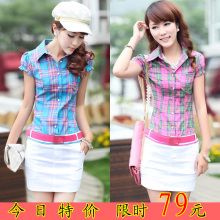 阿依莲2012夏季新款女装夏装正品OL通勤修身格子裙子短袖连衣裙