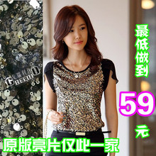 韩版女t恤2012 新款夏装黑色白色亮片短袖雪纺衫衣打底styleonme