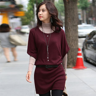styleonme 衣奥蜜 蝙蝠袖长款针织衫毛衣裙5711配腰带