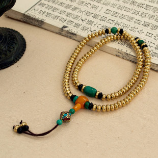  藏式老绿松石纯黄铜尼泊尔老铜珠吊坠108佛珠念珠手链祈福保平安