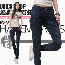 2012新款春夏韩版哈伦裤女显瘦小脚铅笔裤深蓝百搭牛仔裤磨旧长裤