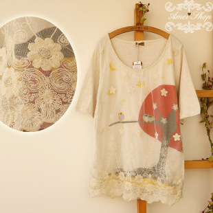  阿米良品夏装森系女装甜美可爱卡通插画蕾丝拼接中袖打底衫t恤