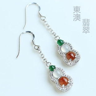  東澳翡翠 天然翡翠A货 925银镀金镶嵌三彩翡翠耳环耳钉耳坠A104