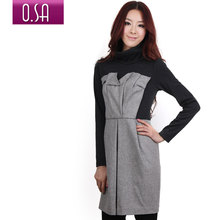 促osa欧莎2012正品春装O.SA拼接式高领长袖淑女连衣裙L00701
