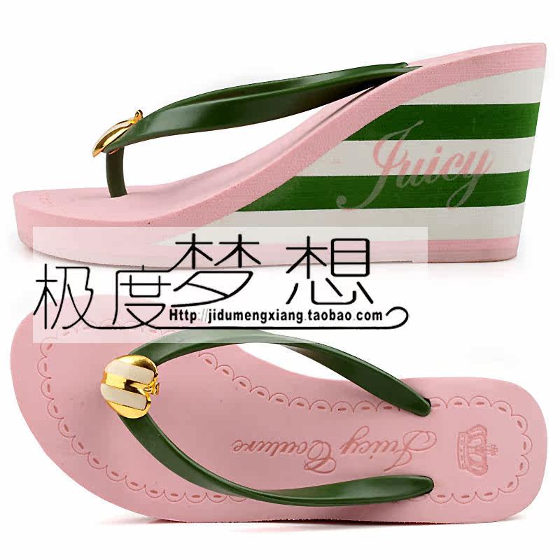 2010 夏 新款女鞋 Juicy 原单 正品 坡跟人字拖鞋 粉色-高跟条纹