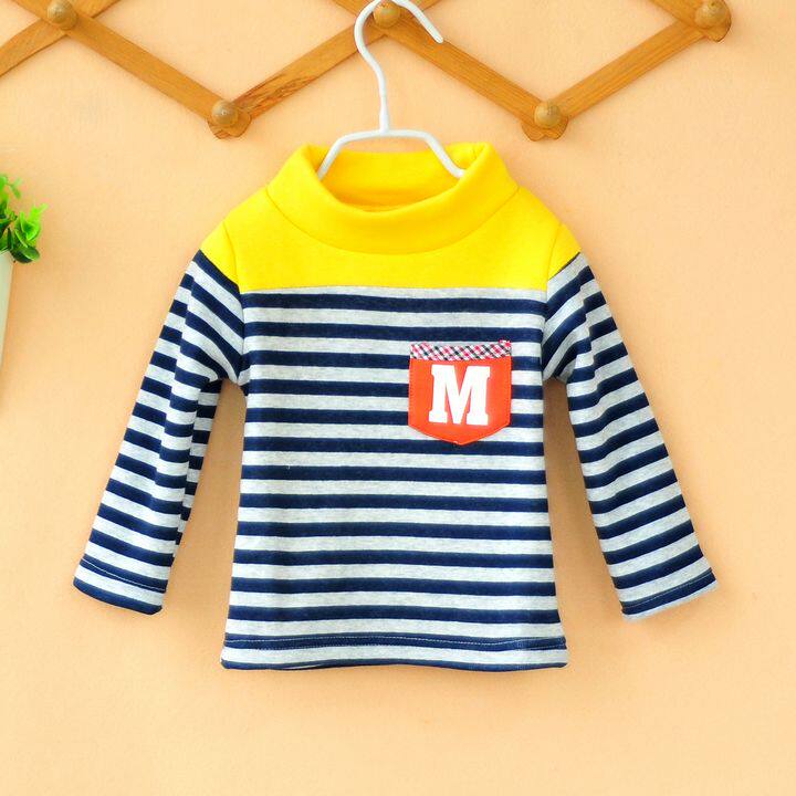 男宝宝加厚绒衫婴幼儿冬装新款韩版卫衣小蚂蚱条纹高领打底衫D129
