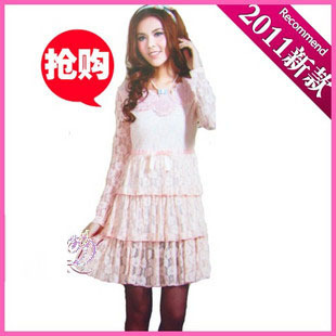 2011春装新款实拍细节长袖收腰蛋糕层甜美日系公主雪纺蕾丝连衣裙 