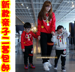  亲子装春装新款小鸟图案抓绒印花母女装母子装时尚儿童套装