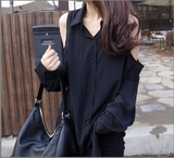 2012新款春装 自制性感露肩 翻领直筒宽松雪纺长袖衬衫 衬衣 女