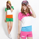 2012夏装新品 韩版时尚棉质拼色短袖短裤休闲卫衣套装运动服女款