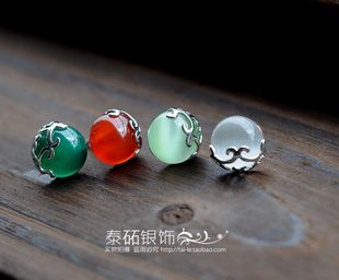  热卖老银匠手工925纯银饰品镶嵌猫眼石泰银耳钉复古女款耳饰