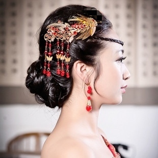  古典美新娘头饰 结婚礼服旗袍红色配饰 凤凰发饰插梳头饰耳环TS37