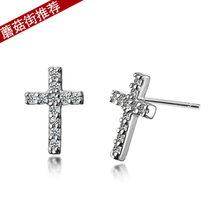  银之行 精品韩国水钻耶稣十字架925纯银耳钉男女 银饰品B