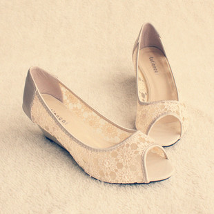  韩版爆款时尚性感蕾丝花边镂空网纱鱼嘴坡跟凉鞋舒适中跟女鞋