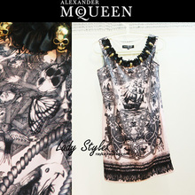 Alexander McQueen MCQ金属水钻骷髅头装饰 帆船涂鸦 无袖连衣裙