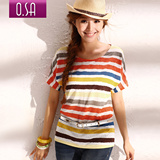 O.SA2012夏装新款韩版正品女装条纹蝙蝠短袖中长款潮T恤T23274