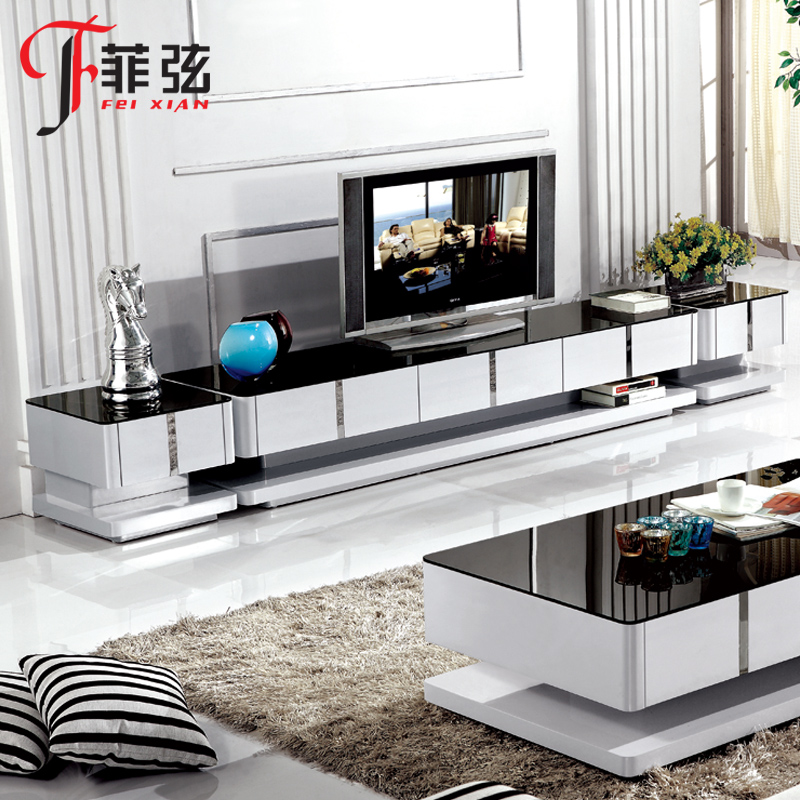 现代简约客厅4件套 黑色钢化玻璃面白色钢琴烤漆三抽屉电视柜组合