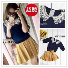 vivi4月5月杂志款 日系甜美复古蕾丝领珍珠短款修身打底针织衫