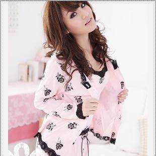 2010秋冬新款 女式长袖纯棉睡衣三件套装 公主家居服 吊带套装