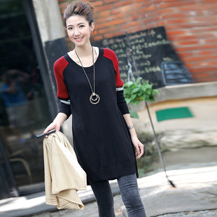  秋冬新款韩版拼接大码厚毛衣长款毛衣打底宽松毛衣复古毛衣