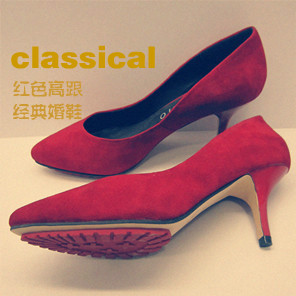  经典红色高跟鞋婚鞋尖头浅口单鞋低帮鞋真皮女鞋EMC34