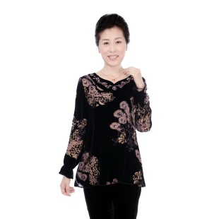  中老年女装春装新款 绣花真丝绒高档品牌妈妈装T恤上衣