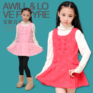  冬装女童连衣裙 韩版儿童羊毛昵背心裙子 公主冬裙女童 中大童装