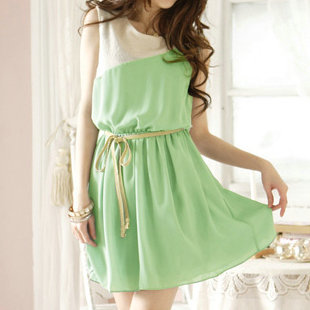 甜美气质拼色雪纺圆领...