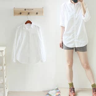  森女清新 女士 宽松小圆翻领打底长袖白衬衫 白衬衣