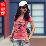 韩丽都2012夏装 新款女装 简约圆领字母印花修身短袖宽松T恤H2006