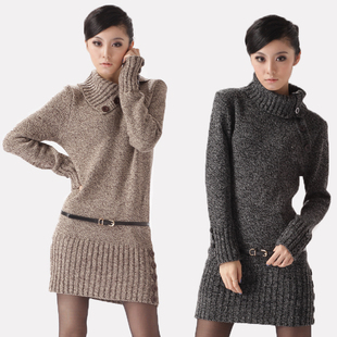  秋冬新款 韩版打底高领加厚毛衣 女 毛衣裙 保暖宽松长款毛衣外套