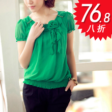 包邮！2012夏装新款 淑女气质 时尚韩版秀气 短袖圆领纯色雪纺衫