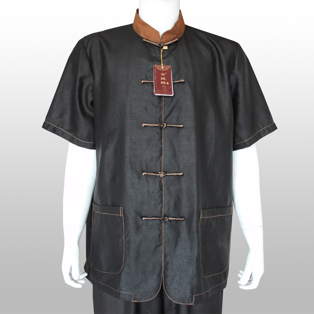 Shunde Real silk gambiered Guangdong gauze Short sleeved Chinese style Color matching Stand collar Tang costume Black gambieredguangdongsilk/Texturein the Men's clothing, National costume category - from Buy2taobao.com to provide professional Taobao agent buy service
