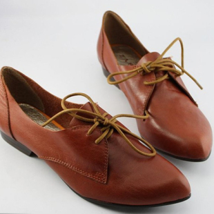  外贸新款 欧美风尖头中性英伦风休闲女式鞋真皮系带平跟单鞋