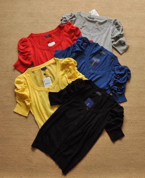 百搭必备单品之王 耸肩褶皱袖圆领针织衫 多色 胸90-108内
