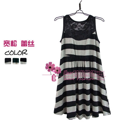 【满百包邮】性感镂空蕾丝莫代尔棉宽松加大码条纹吊带背心连衣裙