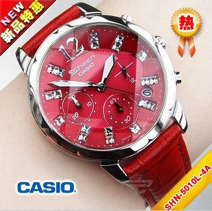 正品 卡西欧手表 新款红色切割鏡面 淑女皮带女表 SHN-5010L-4AV