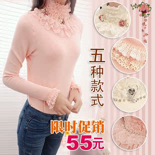  秋冬新品,韩版甜美长袖套头针织衫,蕾丝高领打底衫 毛衣 女