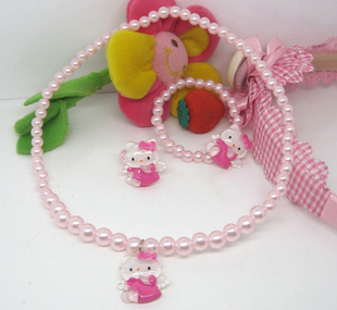  HELLO KITTY 卡通项链儿童珍珠项链 戒指手链项链三件套 翅膀KT